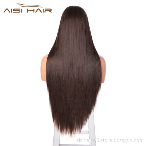 Aisi Hair Silky Straight Brown Synthetic Long Wig Wholesale Swiss Lace Wig Synthetic Hair Front Lace Wigs For Black Women